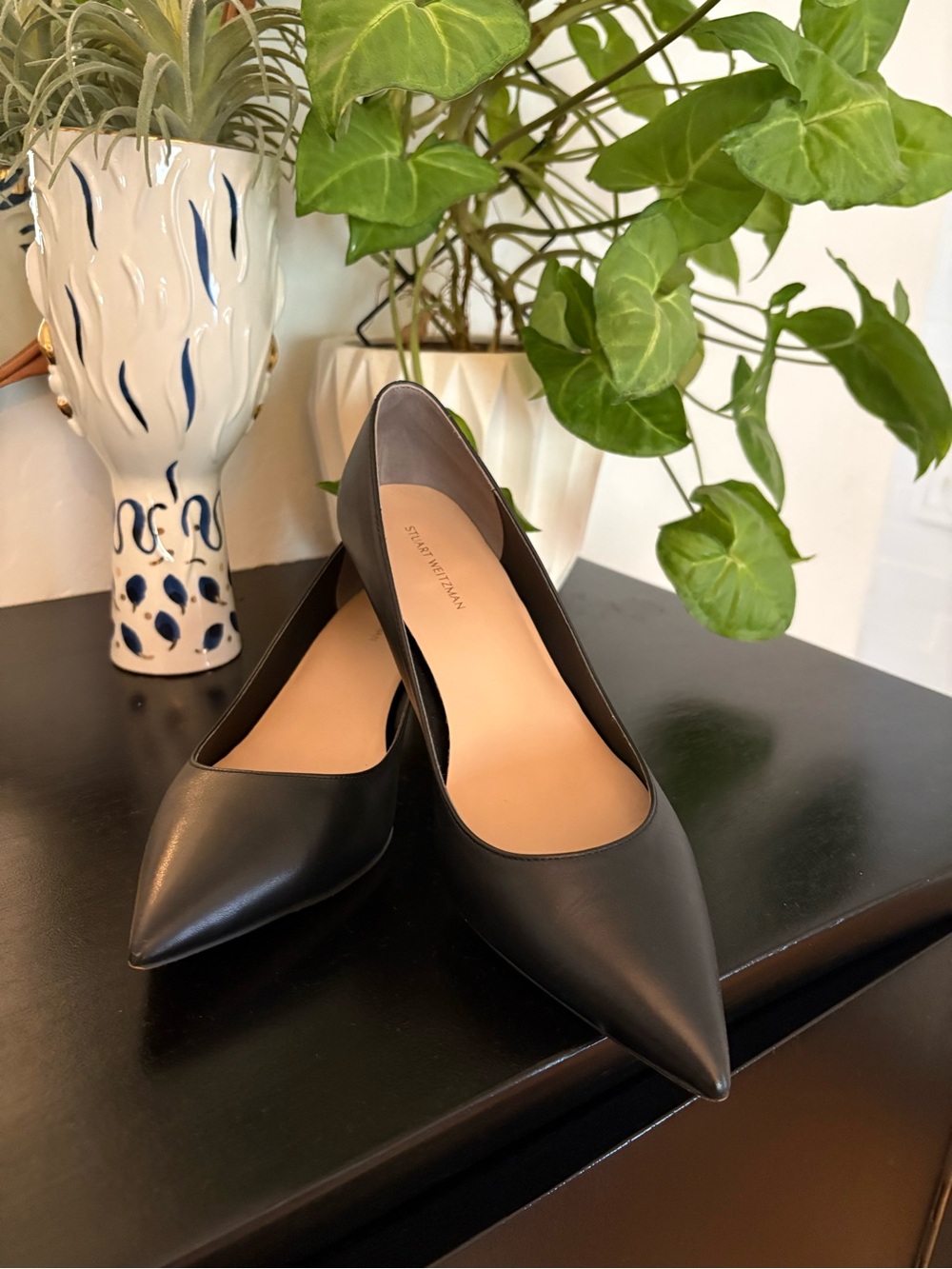 Stuart Weitzman Black Pointed Leather Low Heels - Sleek Low Profile